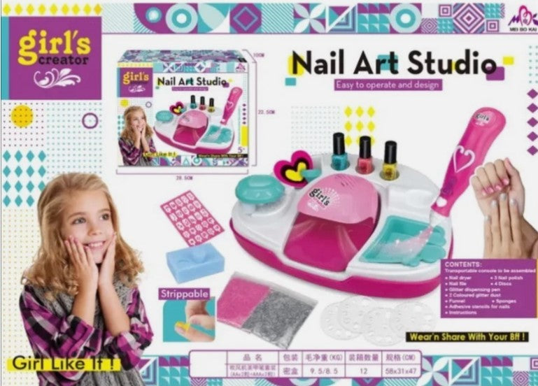 Nail Art Studio Kit with Battery Nail Dryer for Kids Role Play Toy Gift