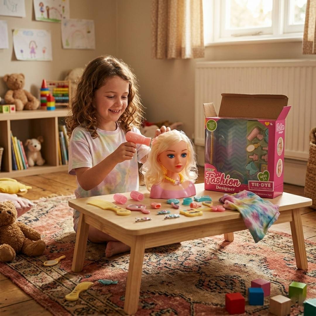 Girls styling head doll with long hair and 12 hair accessories for hairdressing, beauty salon and creative role play