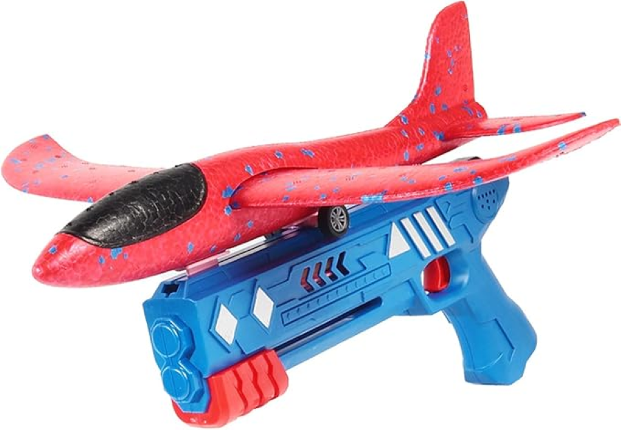 A red and blue toy airplane launcher with a red foam airplane attached. The launcher is shaped like a gun and has a trigger. The airplane has wings and a propeller.