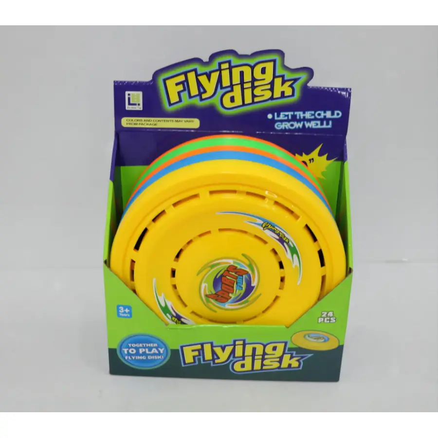 A package of flying discs, each with a different color and a dinosaur design. The package includes 24 discs and is suitable for ages 3+. The packaging has the text "Let the child grow well" and "Together to play flying disk."