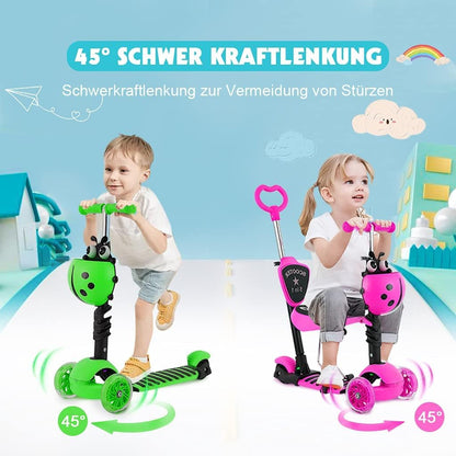 Kids Foldable Scooter - Children's Scooter with Removable Cartoon Basket Seat