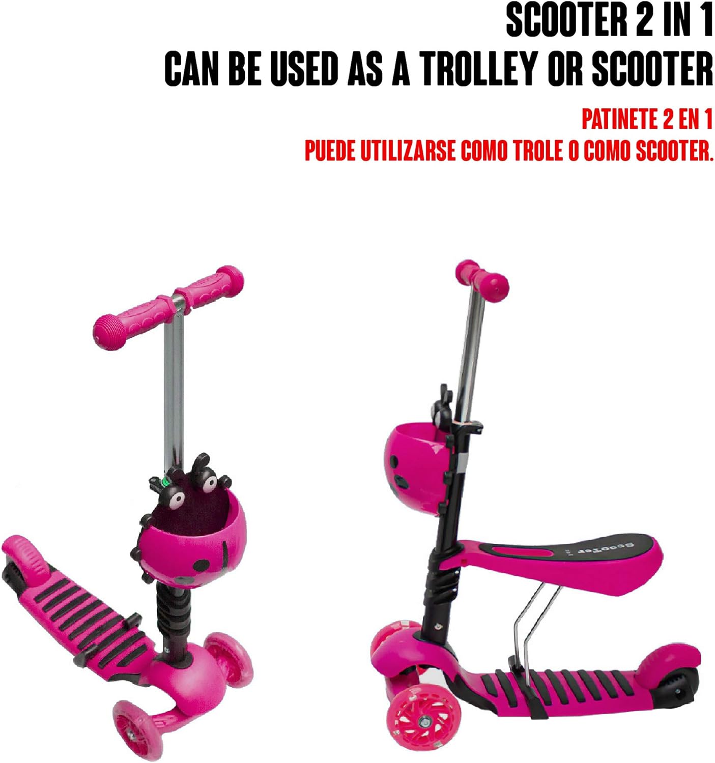 Kids Foldable Scooter - Children's Scooter with Removable Cartoon Basket Seat