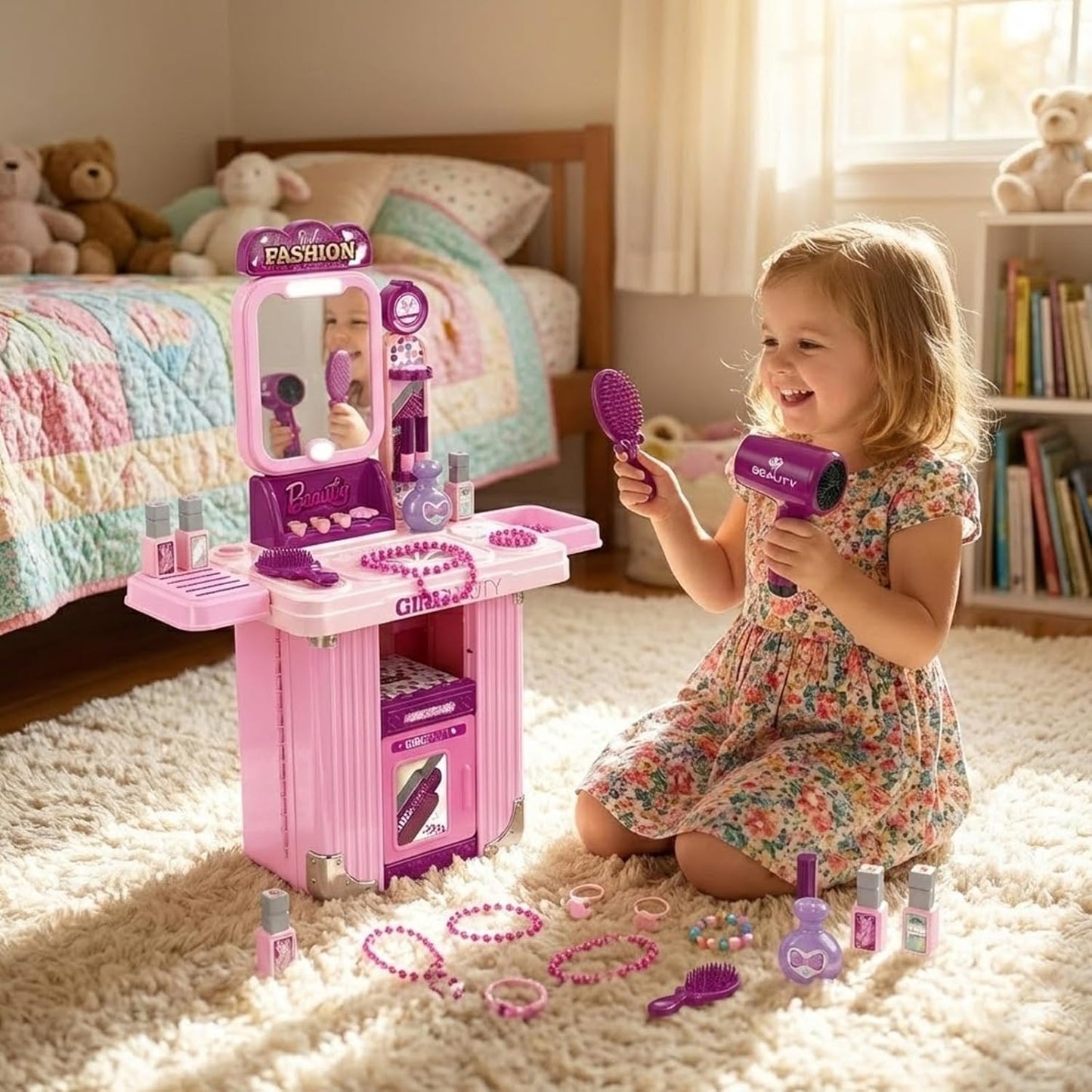 Portable Makeup Vanity Set for Girls with Mirror & Accessories