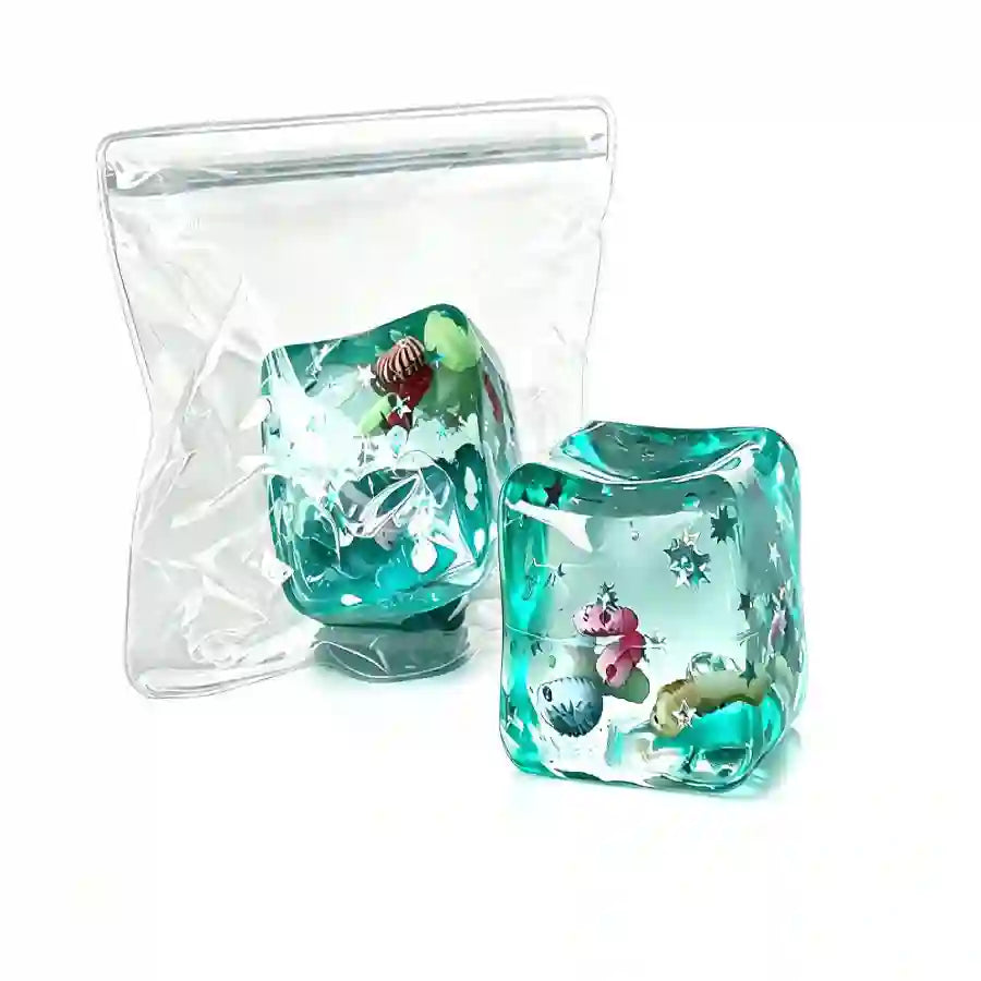 Ocean ice cube squishy transparent slow rising sensory fidget toy with sea animals and glitter UK