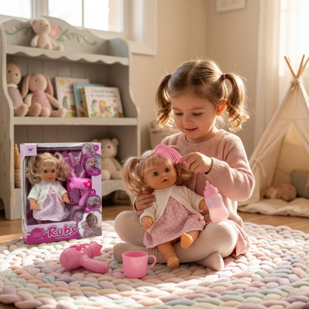 Baby doll with bottle comb and care accessories role play toy for girls realistic baby care play set