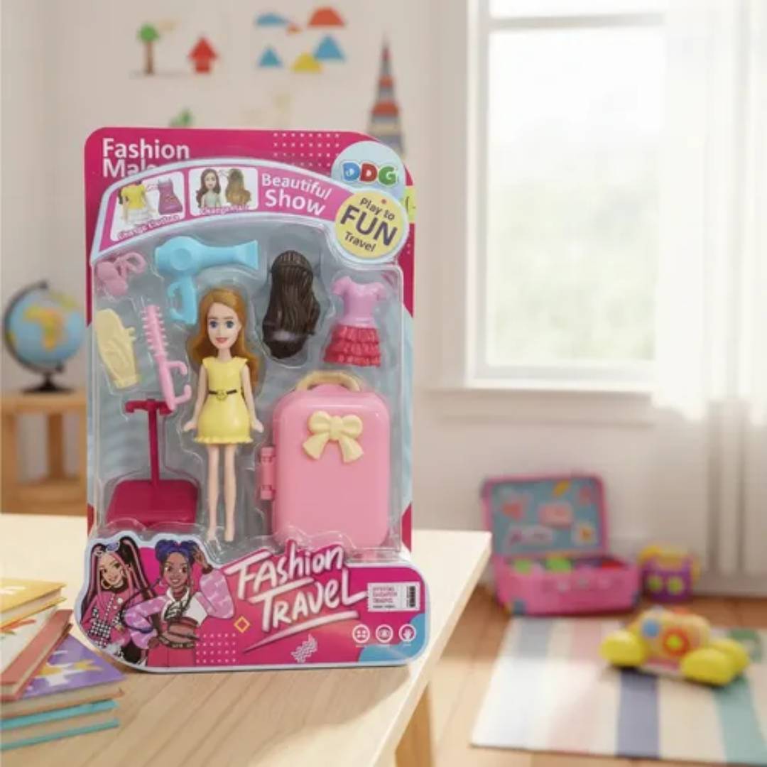 Fashion travel doll set with suitcase clothing and accessories mini makeover doll toy for girls role play