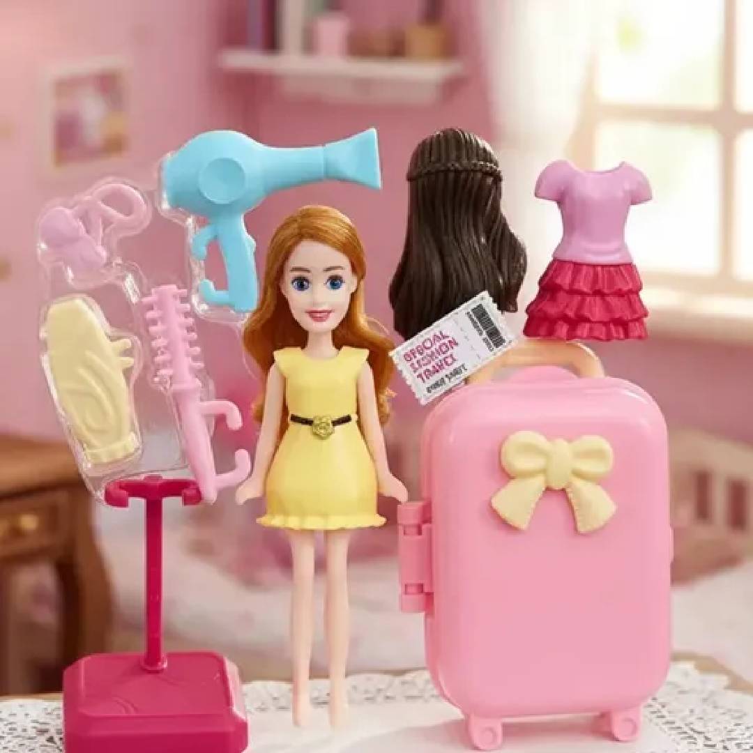 Fashion travel doll set with suitcase clothing and accessories mini makeover doll toy for girls role play