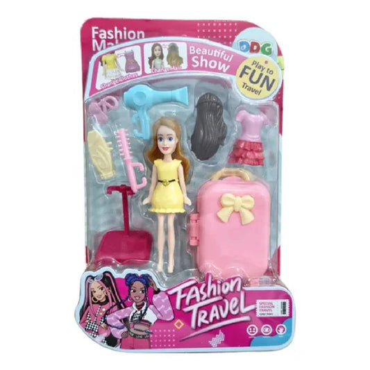 Fashion travel doll set with suitcase clothing and accessories mini makeover doll toy for girls role play