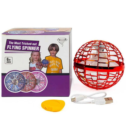 Flying orb spinner toy with RGB LED lights, boomerang return flight and USB rechargeable hand-controlled aerial toy