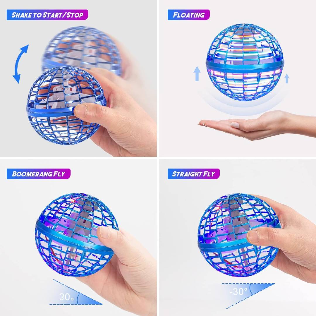 Flying orb spinner toy with RGB LED lights, boomerang return flight and USB rechargeable hand-controlled aerial toy