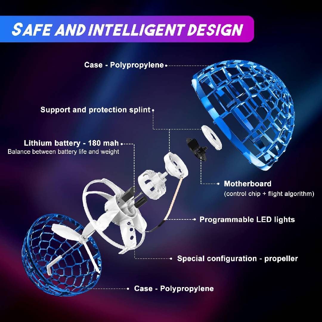 Flying orb spinner toy with RGB LED lights, boomerang return flight and USB rechargeable hand-controlled aerial toy