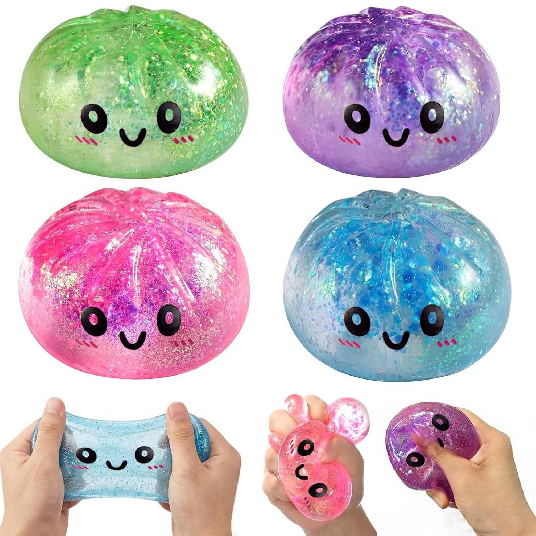 Glitter blue dumpling squishy stress ball with mini food steamer soft sensory fidget squeeze toy for kids and adults