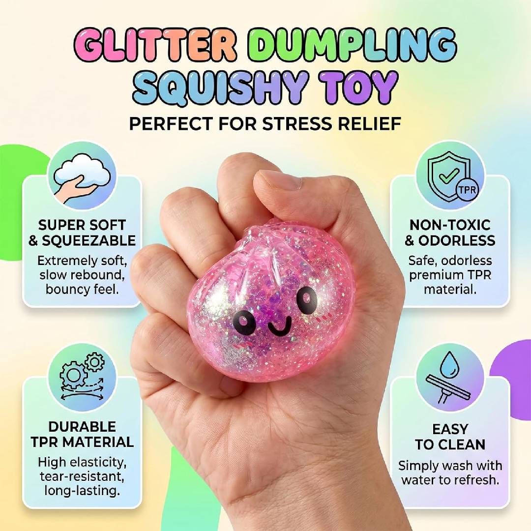 Glitter blue dumpling squishy stress ball with mini food steamer soft sensory fidget squeeze toy for kids and adults