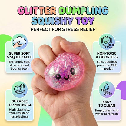 Glitter blue dumpling squishy stress ball with mini food steamer soft sensory fidget squeeze toy for kids and adults