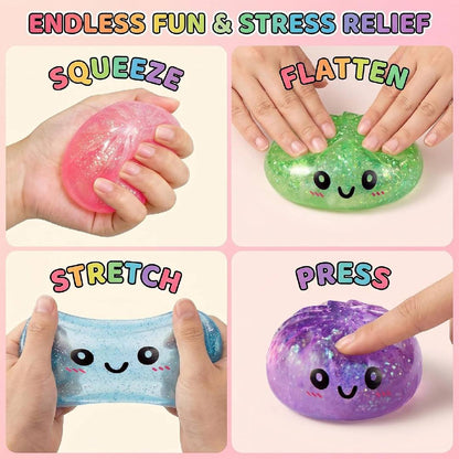 Glitter blue dumpling squishy stress ball with mini food steamer soft sensory fidget squeeze toy for kids and adults
