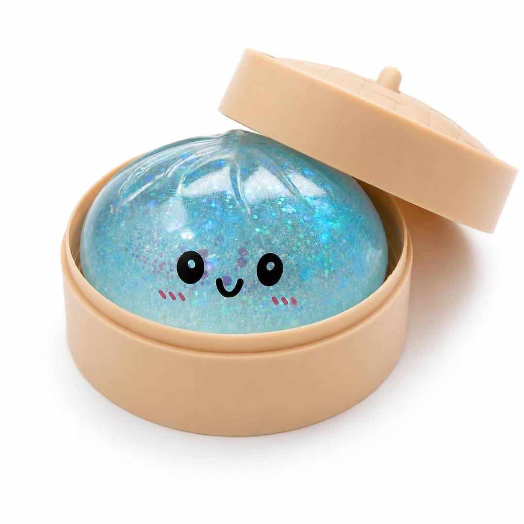 Glitter blue dumpling squishy stress ball with mini food steamer soft sensory fidget squeeze toy for kids and adults