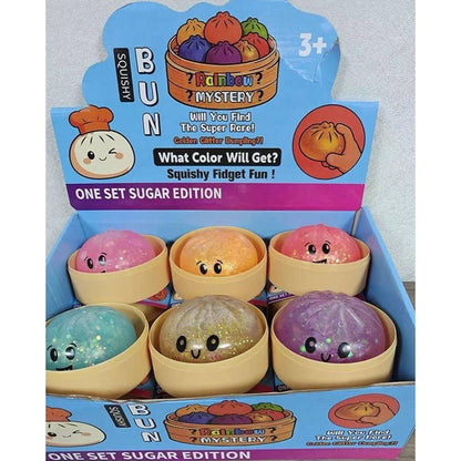 Glitter dumpling squishy with steamer box soft slow rising stress relief sensory fidget squeeze toy for kids and adults