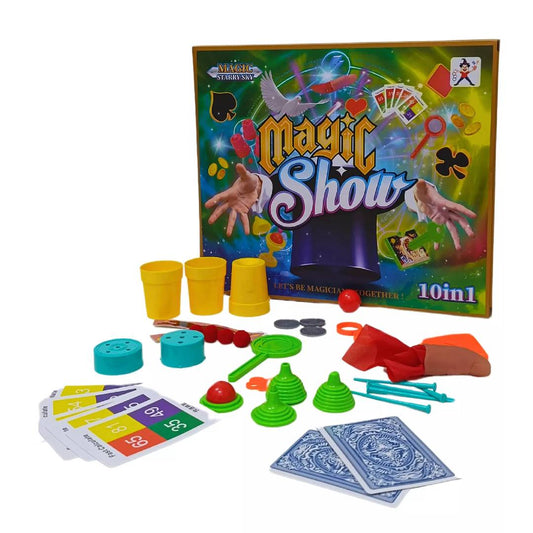 10-in-1 Magic Show Set for Kids beginner magician kit with magic tricks, illusion props, cards and accessories for ages 6 and above