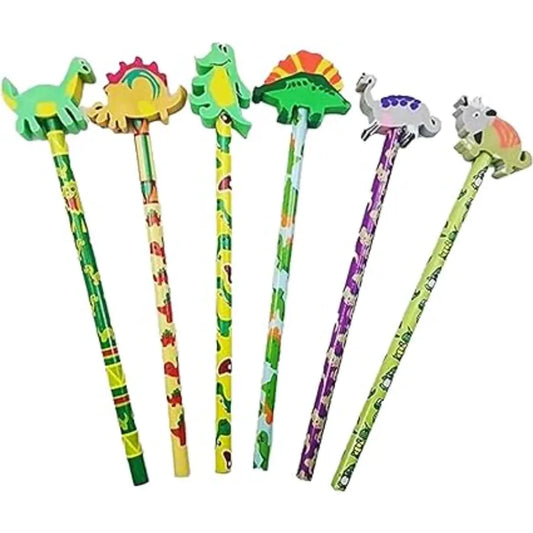 6 Dinosaur Pencil Topper With Eraser - Fun Learning and Develop Writing Skills