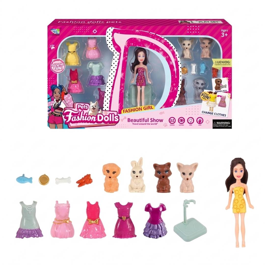 18PCS fashion doll and pets play set with clothes accessories and cute pet figures for girls role play fun