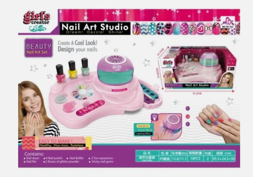 Kids Nail Art Studio Set with Nail Dryer Nail Design Kit Role Play Toy Gift