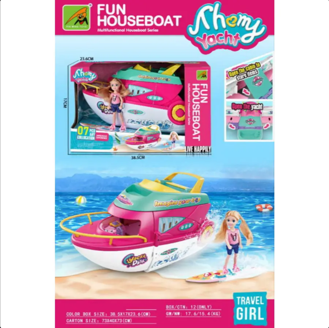 Pink Speed Boat Yacht Playset with Doll - Kids Water Motorboat Toys for Pools and Lakes