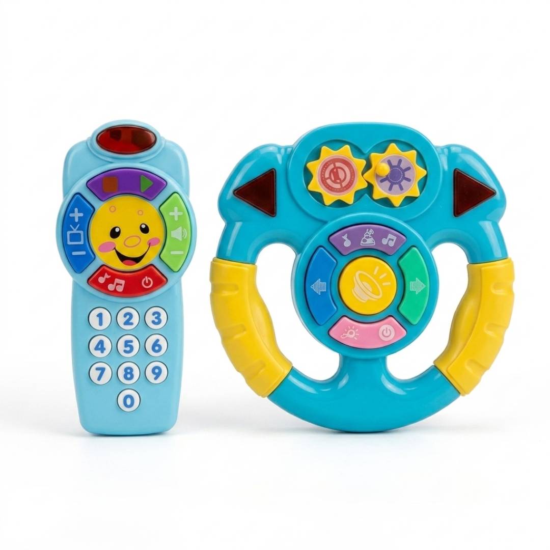 Educational steering wheel and phone toy for babies and toddlers with music, lights, interactive buttons and learning activities for ages 6 to 36 months