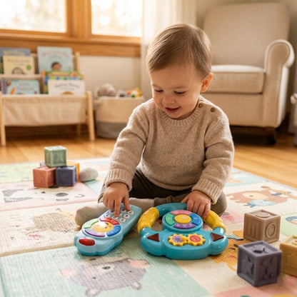 Educational steering wheel and phone toy for babies and toddlers with music, lights, interactive buttons and learning activities for ages 6 to 36 months