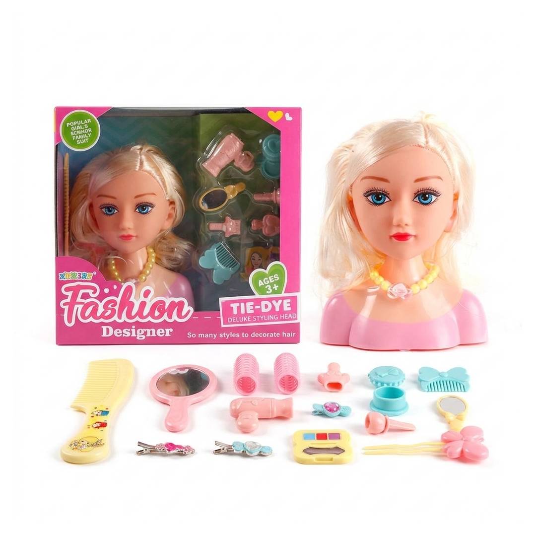 Girls styling head doll with long hair and 12 hair accessories for hairdressing, beauty salon and creative role play
