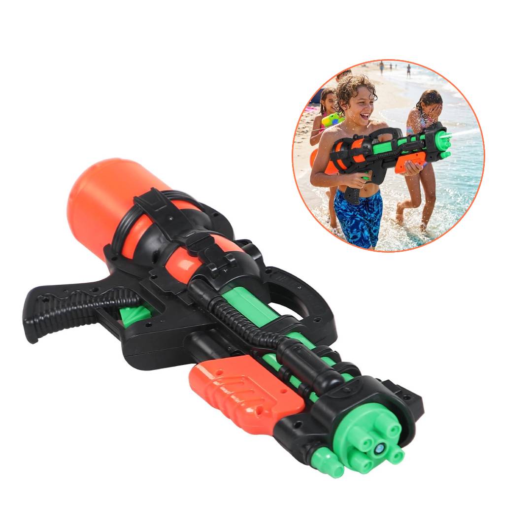 Large pump action water gun blaster with long range spray for outdoor summer water fights, beach, pool and garden play