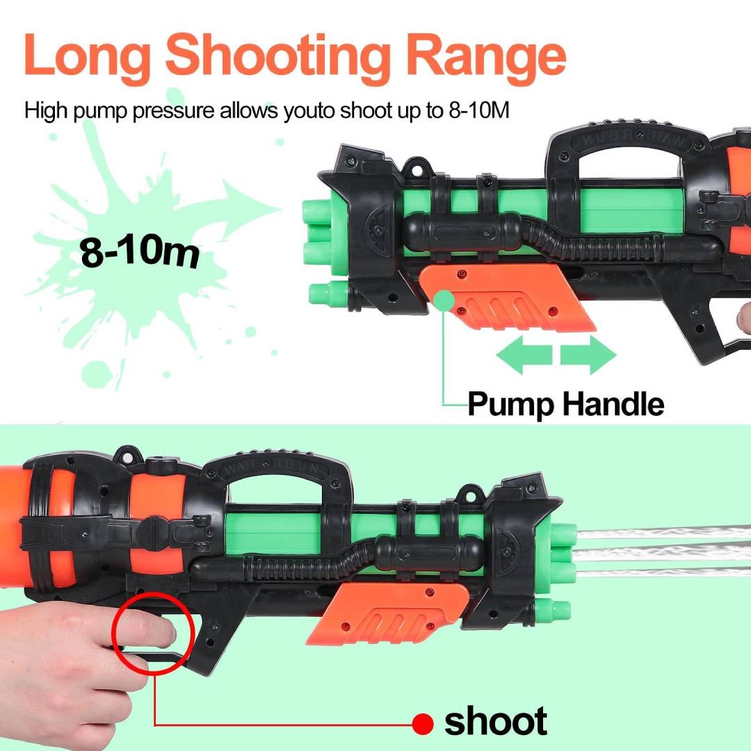 Large pump action water gun blaster with long range spray for outdoor summer water fights, beach, pool and garden play