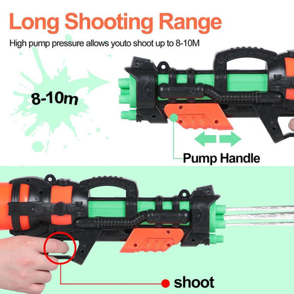 Large pump action water gun blaster with long range spray for outdoor summer water fights, beach, pool and garden play