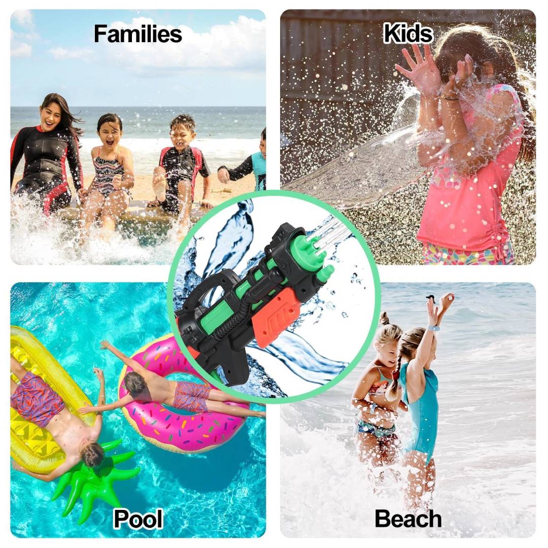 Large pump action water gun blaster with long range spray for outdoor summer water fights, beach, pool and garden play