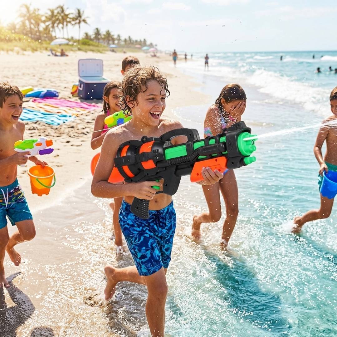 Large pump action water gun blaster with long range spray for outdoor summer water fights, beach, pool and garden play
