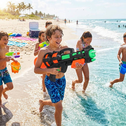 Large pump action water gun blaster with long range spray for outdoor summer water fights, beach, pool and garden play