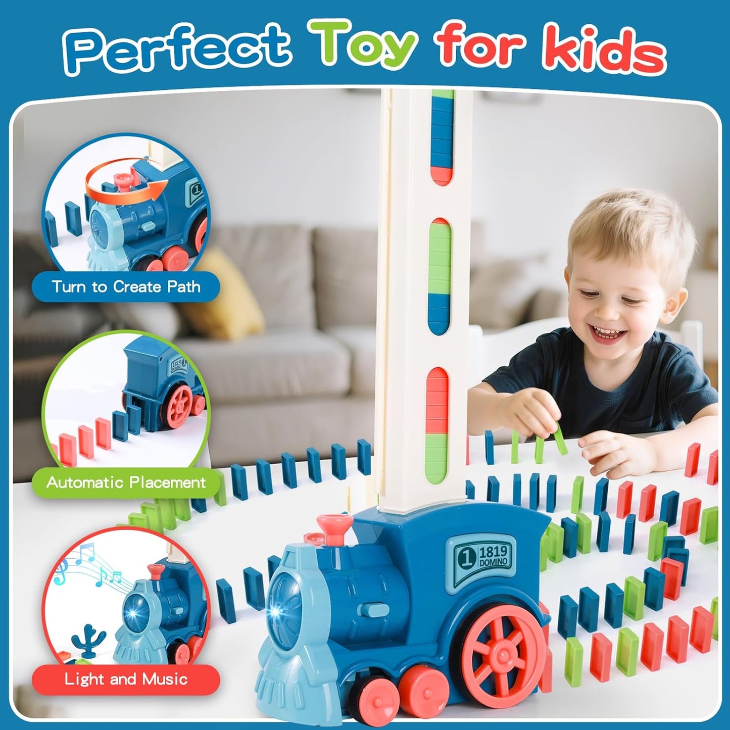 Automatic domino laying train toy in action