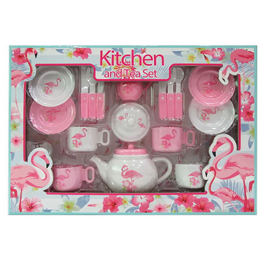 A pink and white tea set featuring flamingo designs. The set includes a teapot, cups, saucers, plates, cutlery, and other tea party essentials. The packaging has a flamingo illustration and the text "Kitchen and Tea Set."